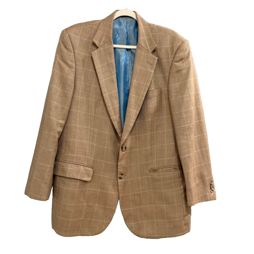 Vtg Alan Flusser Sport Coat Mens Beige Plaid Silk Wool Jacket Single Vent - 42R